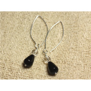 Boucles d'Oreilles Argent 925 Crochets 40mm - Onyx Noir Gouttes Facettées 12x8mm et Cristal Facetté 6mm 