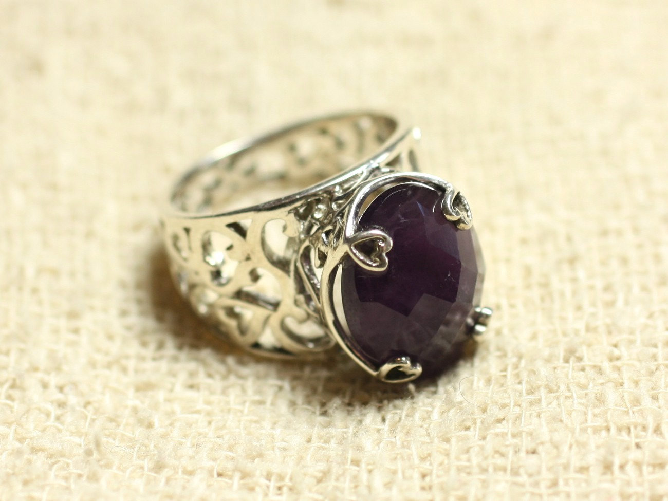 n111 - Bague Argent 925 et Pierre - Améthyste Ovale Facetté 16x12mm 