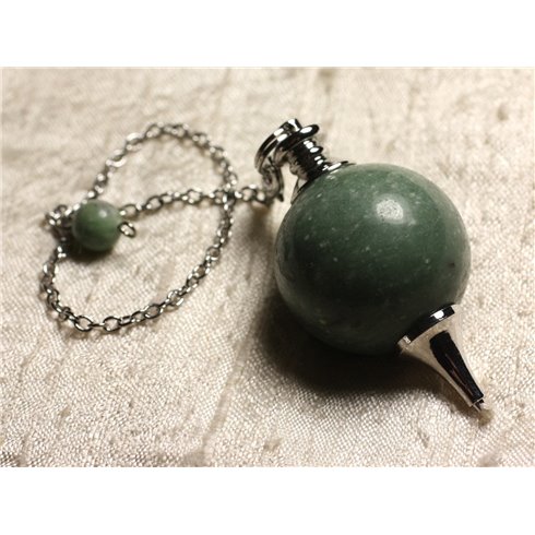 Pendule Métal Argenté Rhodium et Pierre semi précieuse - Jade Verte Boule 30mm 