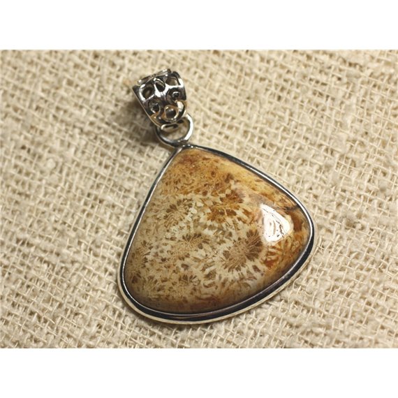 N3 - Pendentif Argent 925 et Pierre - Corail Fossile Goutte 28x31mm 