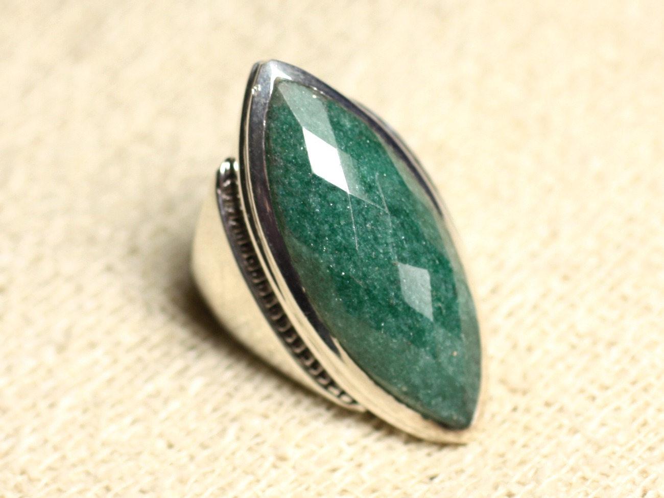 N348 - Bague Argent 925 Aventurine facettée Marquise 34x14mm 