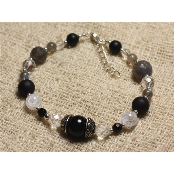 Bracelet Argent 925 et Perles de Pierre Onyx, Labradorite, Cristal 4-10mm