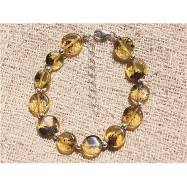 Bracelet Argent 925 et Ambre Baltique - Palets Miel et Noir 9-10mm