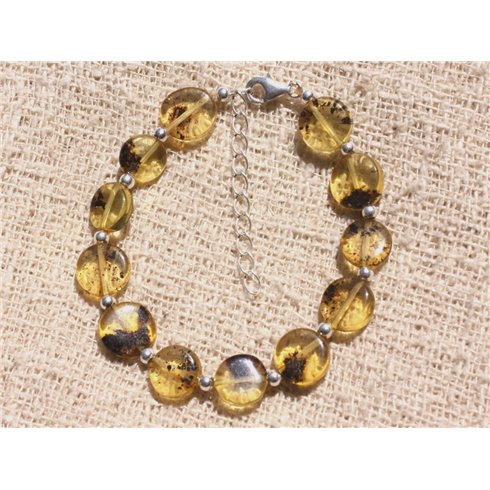 Bracelet Argent 925 et Ambre Baltique - Palets Miel et Noir 9-10mm 