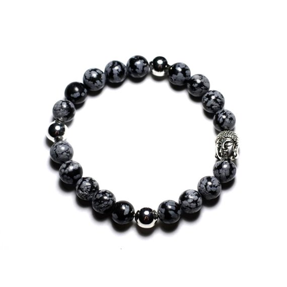 Bracelet Bouddha et Pierre semi précieuse - Obsidienne Flocon Mouchetée 8mm 