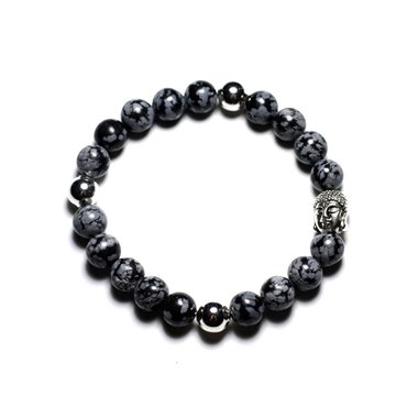 Bracelet Bouddha et Pierre semi précieuse - Obsidienne Flocon Mouchetée 8mm 