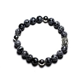 Buddha bracelet and semi precious stone - speckled snowflake obsidian 8mm 