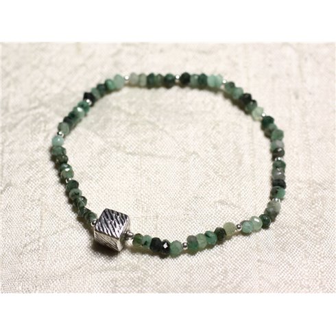Bracelet Argent 925 et Pierre - Emeraude rondelles facettées 3mm