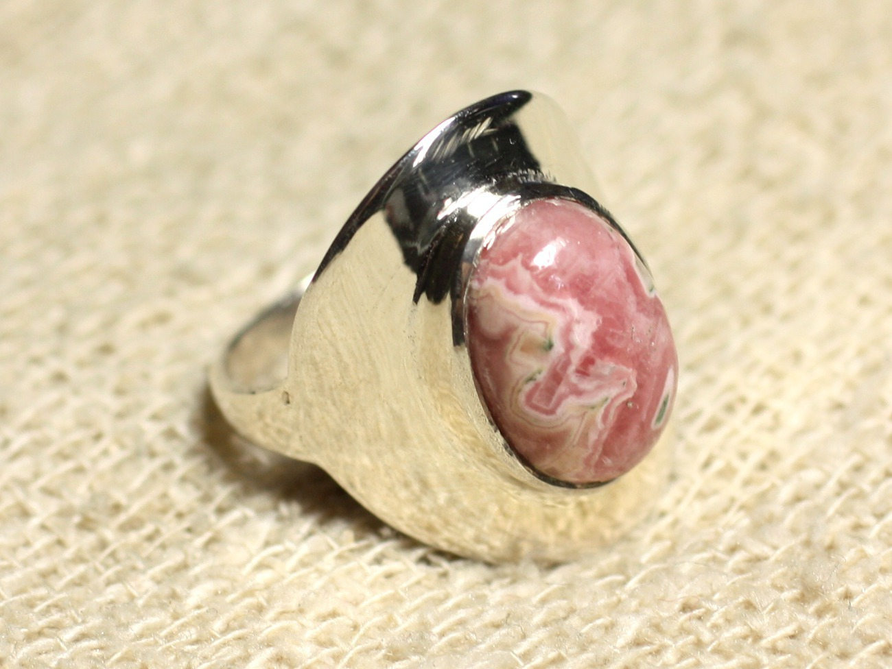 N124 - Bague Argent 925 et Pierre - Rhodochrosite Ovale 14x10mm 