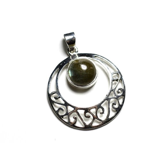 PE118 - Pendentif Argent 925 et Pierre - Cercle Filigrane 27mm Labradorite N1 