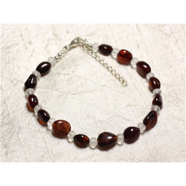 Bracelet Argent 925 Pierre Cristal Quartz et Ambre rouge naturelle 5-10mm