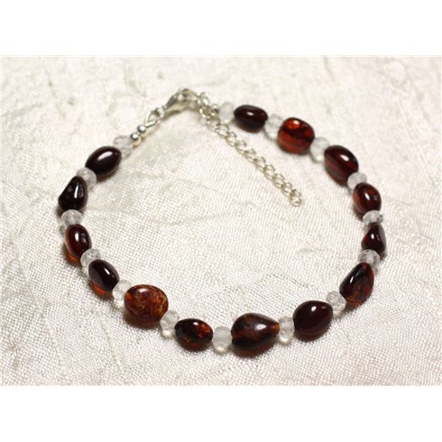 Bracelet Argent 925 Pierre Cristal Quartz et Ambre rouge naturelle 5-10mm 