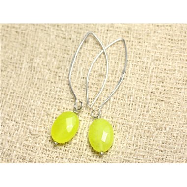 Boucles d'Oreilles Argent 925 et Pierre - Jade Jaune Fluo Ovales Facettés 14mm 