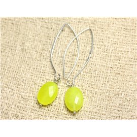 925 Silver and Stone Earrings - Neon Yellow Jade Faceted Oval 14mm 