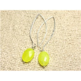 Pendientes de plata y piedra 925 - Jade amarillo neón ovalado facetado 14 mm 