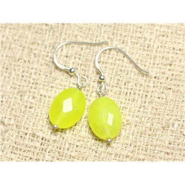 Boucles d'Oreilles Argent 925 et Pierre - Jade Jaune Fluo Ovales Facettés 14mm 