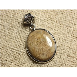 N5 - 925 Silver Pendant and Stone - Oval Fossil Coral 25x20mm 