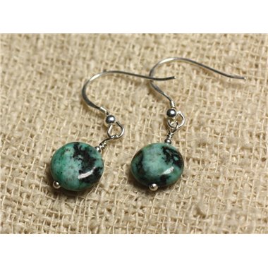 Boucles Oreilles Argent 925 et Pierre Turquoise Afrique Naturelle Ronds plats Palets 12mm Bleu vert turquoise noir