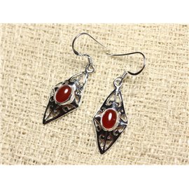 BO220 - 925 Silver and Stone Earrings - Diamond Filigree 28mm Carnelian 