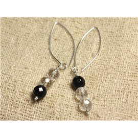 Pendientes de plata 925 Ganchos de 40 mm - Ónix negro y cristal de cuarzo redondo facetado de 8 mm 
