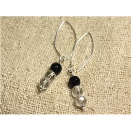 Boucles d'Oreilles Argent 925 Crochets 40mm - Onyx Noir et Cristal Quartz rondes Facettées 8mm  Boucles d'Oreilles Argent 925 Crochets 40mm - Onyx Noir et Cristal Quartz rondes Facettées 8mm