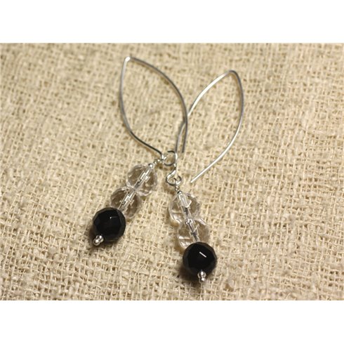 Boucles d'Oreilles Argent 925 Crochets 40mm - Onyx Noir et Cristal Quartz rondes Facettées 8mm 
