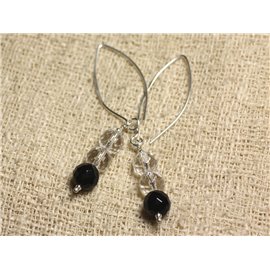 Boucles d'Oreilles Argent 925 Crochets 40mm - Onyx Noir et Cristal Quartz rondes Facettées 8mm  Boucles d'Oreilles Argent 925 Crochets 40mm - Onyx Noir et Cristal Quartz rondes Facettées 8mm