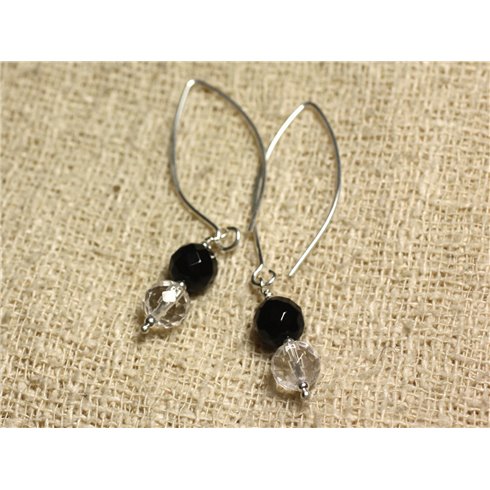 Boucles d'Oreilles Argent 925 Crochets 40mm - Onyx Noir et Cristal Quartz rondes Facettées 8mm