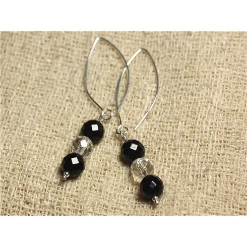 Boucles d'Oreilles Argent 925 Crochets 40mm - Onyx Noir et Cristal Quartz rondes Facettées 8mm 