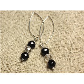 Boucles d'Oreilles Argent 925 Crochets 40mm - Onyx Noir et Cristal Quartz rondes Facettées 8mm 