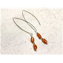 Boucles d'oreilles argent 925 Longs crochets et Ambre naturelle Olives 7-8mm 