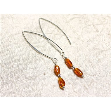 Boucles d'oreilles argent 925 Longs crochets et Ambre naturelle Olives 7-8mm 