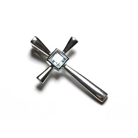 PE121 - 925 Silver Pendant and Stone - 30mm Cross Blue Topaz 