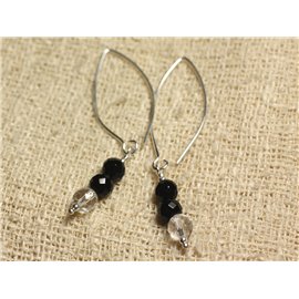 Pendientes de plata 925 Ganchos de 40 mm - Ónix negro y cristal de cuarzo redondo facetado de 6 mm 