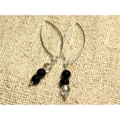 Boucles d'Oreilles Argent 925 Crochets 40mm - Onyx Noir et Cristal Quartz rondes Facettées 6mm