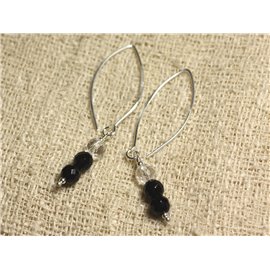 Boucles d'Oreilles Argent 925 Crochets 40mm - Onyx Noir et Cristal Quartz rondes Facettées 6mm  Boucles d'Oreilles Argent 925 Crochets 40mm - Onyx Noir et Cristal Quartz rondes Facettées 6mm