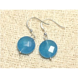 925 Silver and Stone Earrings - Blue Jade Faceted Palets 14mm 