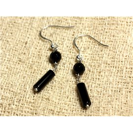 Pendientes de plata 925 - Columnas de ónix negro de 13x4 mm y redondo facetado de 6 mm 