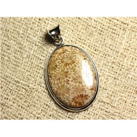 N6 - 925 Silber Anhänger und Stein - Oval Fossil Coral 33x23mm 