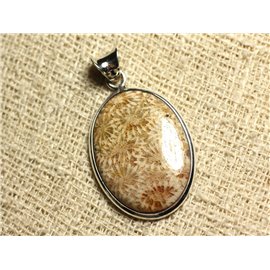 N6 - 925 Silver Pendant and Stone - Oval Fossil Coral 33x23mm 