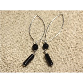 Pendientes de plata 925 Ganchos de 40 mm - Columnas de ónix negro 13x4 mm y redondo facetado de 6 mm 