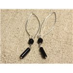 Boucles d'Oreilles Argent 925 Crochets 40mm - Onyx Noir Colonnes 13x4mm et rondes Facettées 6mm 