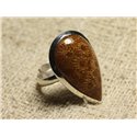 Bague Argent 925 et Pierre Taille Réglable - Corail Fossile Goutte 26x15mm 