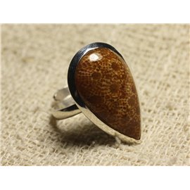 925 zilveren ring en verstelbare steen - druppel van fossiel koraal 26x15 mm 