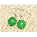 Boucles d'Oreilles Argent 925 et Pierre - Jade Verte Palets Facettés 14mm 