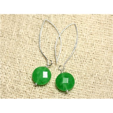 Boucles d'Oreilles Argent 925 et Pierre - Jade Verte Palets Facettés 14mm 