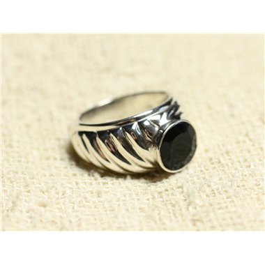 N121 - Bague Argent 925 et Pierre - Onyx Noir Rond Facetté 9mm 