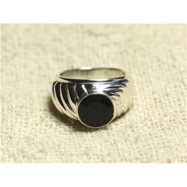 N121 - Bague Argent 925 et Pierre - Onyx Noir Rond Facetté 9mm 