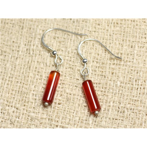 Boucles d'Oreilles Argent 925 et Pierre - Cornaline Tubes 12mm