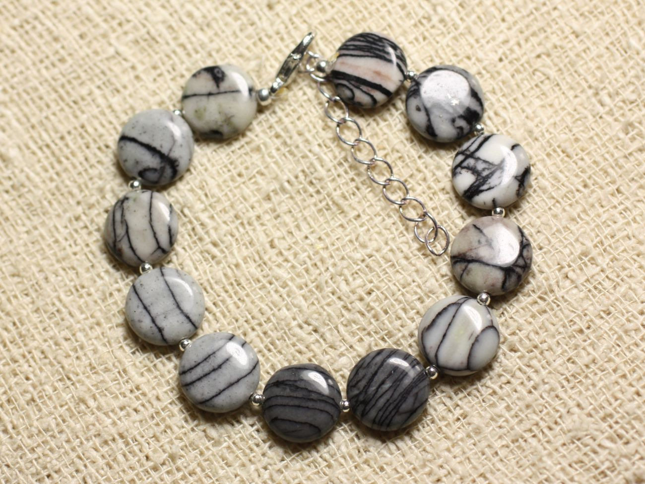 Bracelet Argent 925 et Pierre - Jaspe Zèbre Palets 12mm 
